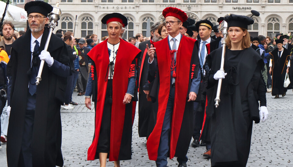 Rector van UCLouvain Françoise Smets en rector van KU Leuven Luc Sels (midden) tijdens de opening van het academiejaar in september.