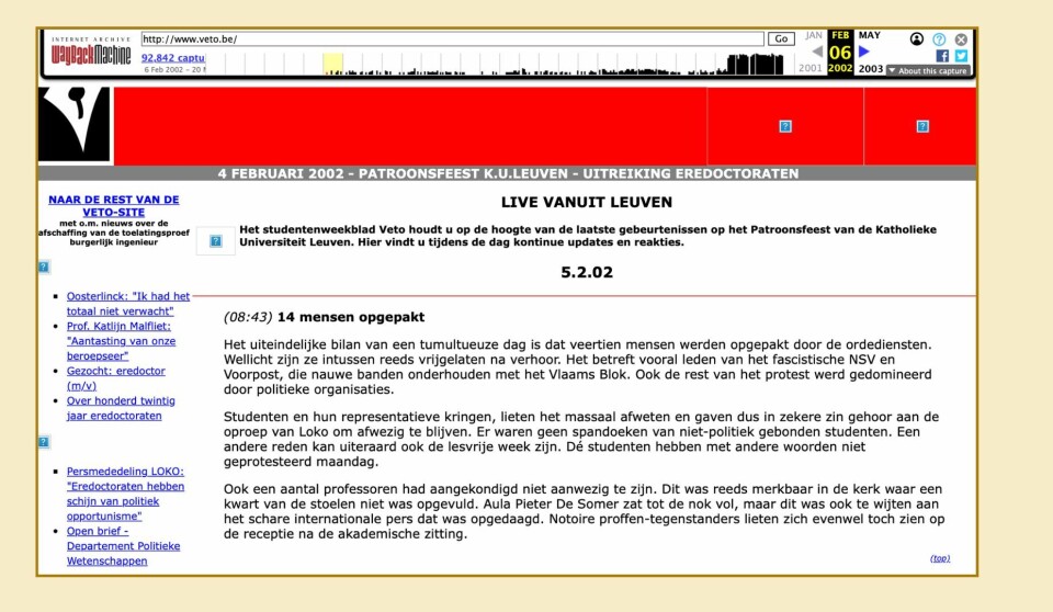 De eerste opname van Veto's website op het Internet Archive.