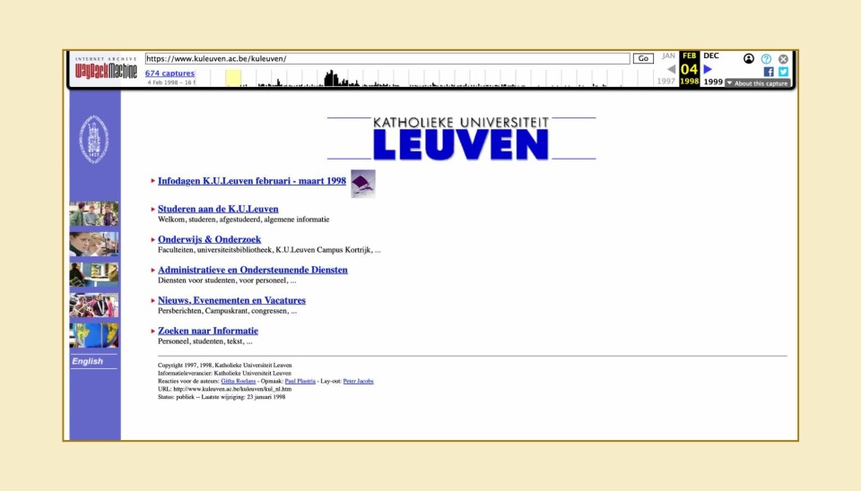 De eerste opname van de website van de KU Leuven op het Internet Archive, op 4 januari 1998.